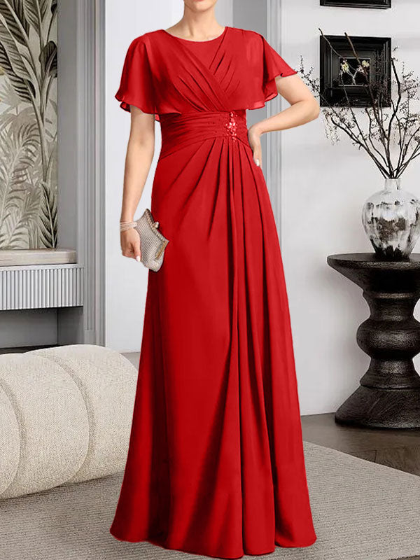 A-Linien-Kleid aus Chiffon mit Rundhalsausschnitt und bodenlanger Verarbeitung, verziert mit plissierten Perlen.