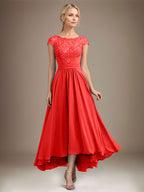 A-Linien-Kleid aus Chiffon mit asymmetrischem, plissiertem Spitzeneinsatz und Illusion-Ausschnitt für die Mutter der Braut 