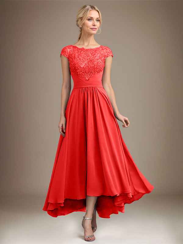A-Linien-Kleid aus Chiffon mit asymmetrischem, plissiertem Spitzeneinsatz und Illusion-Ausschnitt für die Mutter der Braut 