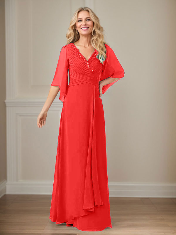Vestido largo de gasa con lentejuelas y escote en V en forma de A para madre