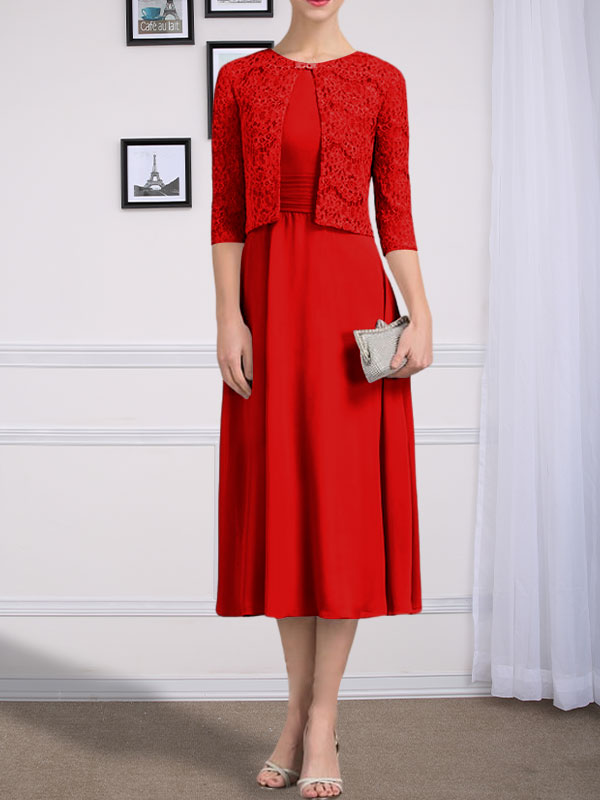 Vestido de gasa para madre de la novia, corte A, escote redondo, largo hasta la rodilla, con pliegues