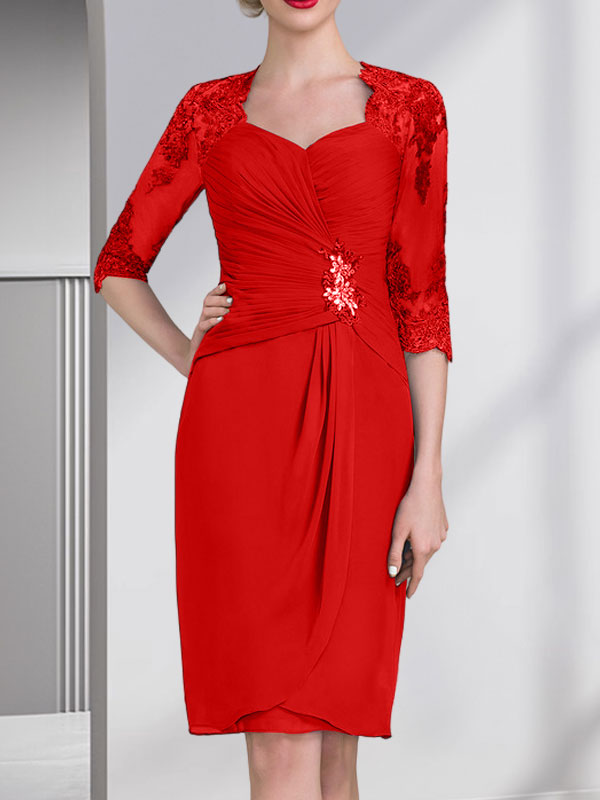 Vestido de gasa para madre de la novia, con escote en forma de corazón, largo hasta la rodilla, con apliques de cuentas, encaje y lentejuelas, plisado.