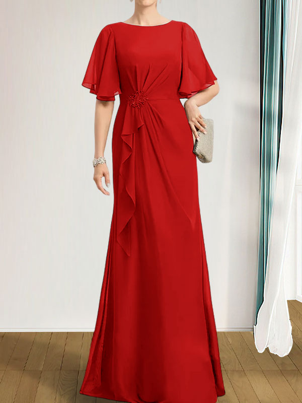 Vestido de gasa para madre de la novia, corte A, escote redondo, largo hasta el suelo, con volantes en cascada, cuentas y lentejuelas