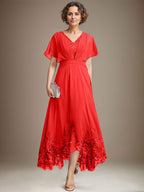 A-Linien-Kleid aus Chiffon mit asymmetrischem V-Ausschnitt und Spitze für die Mutter der Braut mit Falten