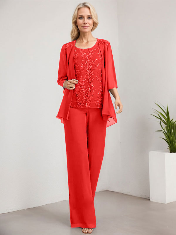 Zweiteiliger Jumpsuit/Hosenanzug, bodenlanges Chiffon-Kleid mit Spitze und Pailletten für die Mutter der Braut