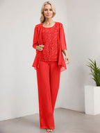 Zweiteiliger Jumpsuit/Hosenanzug, bodenlanges Chiffon-Kleid mit Spitze und Pailletten für die Mutter der Braut
