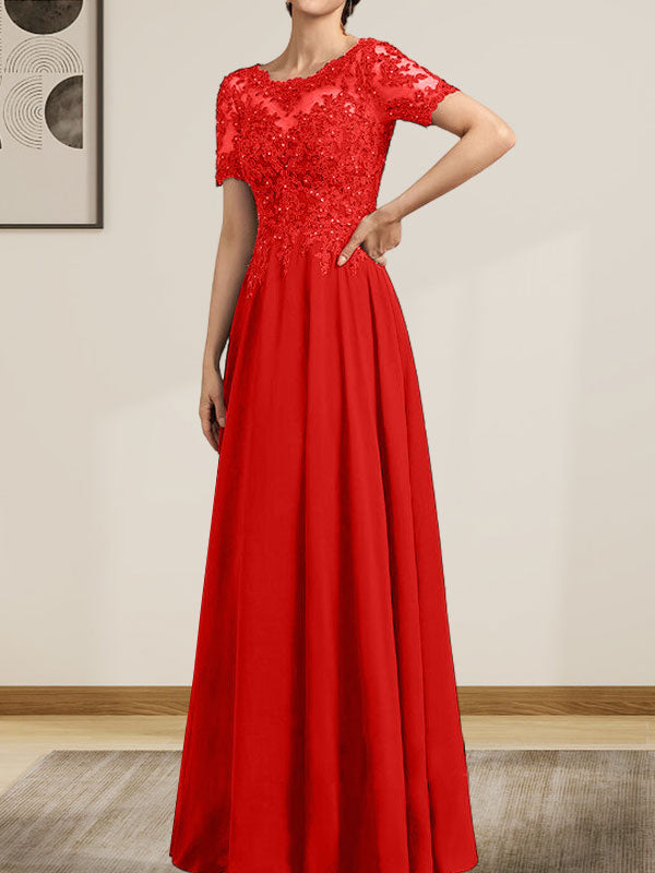 Vestido de gasa con encaje y lentejuelas para madre de la novia, largo hasta el suelo, con escote en A y ilusión