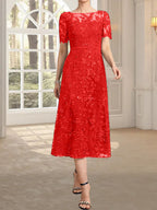 A-Linien-Kleid mit Rundhalsausschnitt, Illusion-Ausschnitt, Teelänge, Spitze und Pailletten für die Mutter der Braut