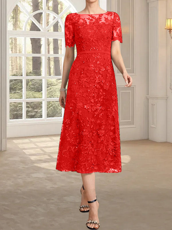 Vestido de encaje para madre de la novia con lentejuelas, corte A, escote ilusión, largo hasta la rodilla