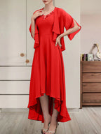 A-Linien-Kleid aus Chiffon mit V-Ausschnitt, asymmetrischem Muster und Perlen- und Paillettenbesatz für die Mutter der Braut