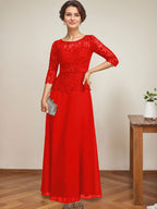 A-Linien-Kleid mit U-Boot-Ausschnitt, Illusion-Detail, knöchellang, aus Chiffon und Spitze mit Strassperlen für die Mutter der Braut. 