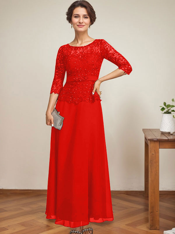 Vestido de gasa con encaje y escote ilusión hasta los tobillos para madre de la novia con cuentas de diamantes de imitación 