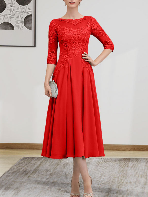 A-Linien-Kleid mit U-Boot-Ausschnitt, Illusion-Detail, Teelänge, Chiffonspitze, Perlenstickerei und Pailletten für die Mutter der Braut