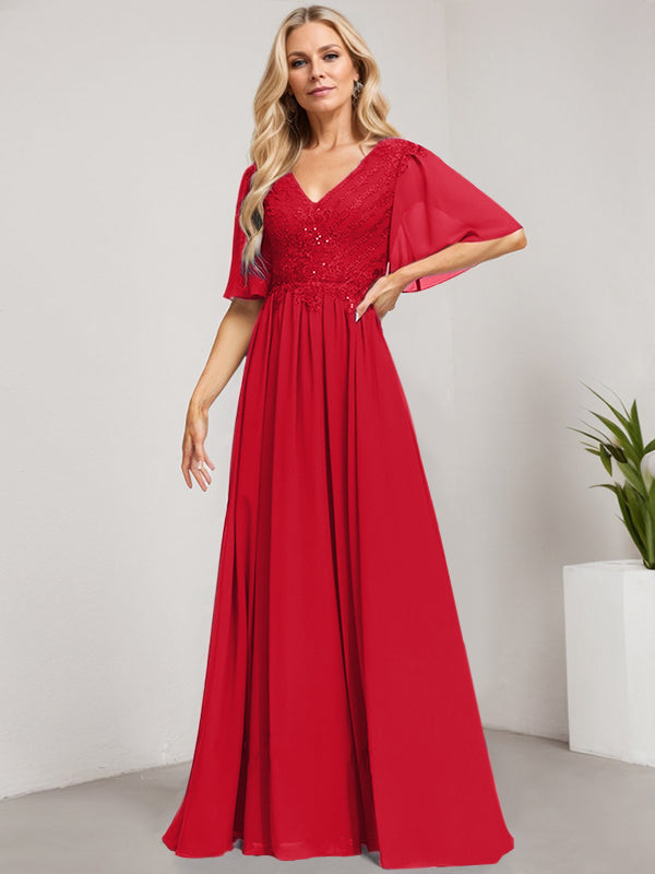 A-Linien-Kleid aus Chiffon mit V-Ausschnitt, bodenlang, mit Pailletten besetzt – ideal für die Mutter der Braut 