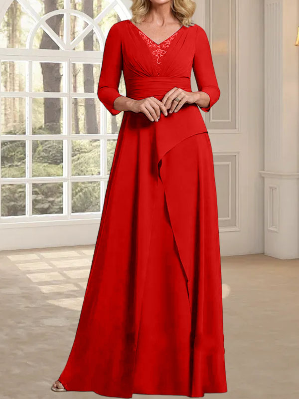 A-Linien-Kleid aus Chiffon mit V-Ausschnitt, bodenlang, für die Mutter der Braut, mit plissierter Perlenstickerei