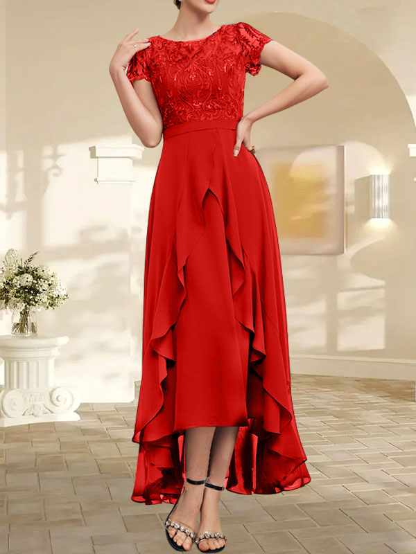 A-Linien-Kleid mit asymmetrischem Chiffon-Spitzenausschnitt, Schleife, Rüschen und Pailletten für die Mutter der Braut 