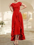 A-Linien-Kleid mit asymmetrischem Chiffon-Spitzenausschnitt, Schleife, Rüschen und Pailletten für die Mutter der Braut 