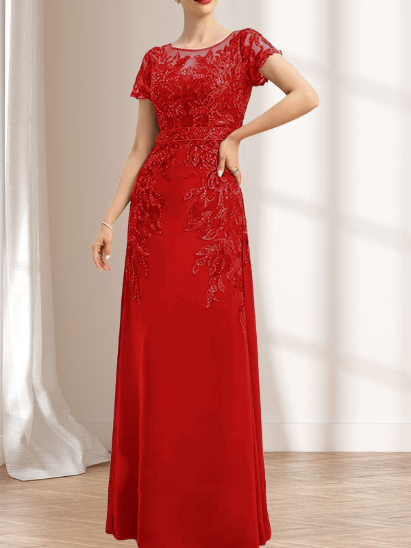 Etuikleid/Säulenkleid mit Illusion-Ausschnitt, bodenlang, aus Chiffon und Spitze mit Pailletten für die Mutter der Braut