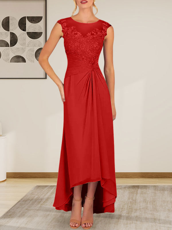 Champagnerfarbenes A-Linien-Chiffonkleid mit Rundhalsausschnitt und Spitze