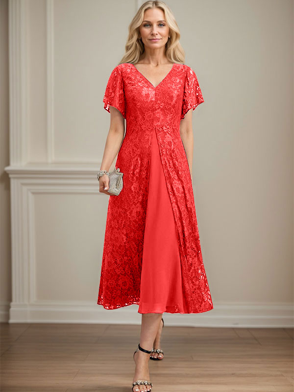 A-Linien-Kleid aus Chiffon mit V-Ausschnitt und Teelänge für die Mutter der Braut 