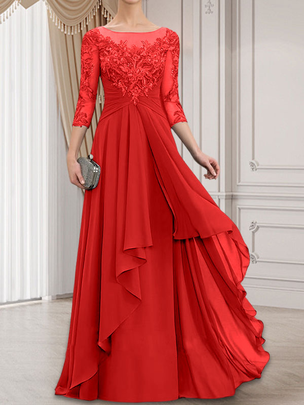 Vestido de gasa con encaje y volantes en cascada para madre de la novia, corte A, escote ilusión, largo hasta el suelo