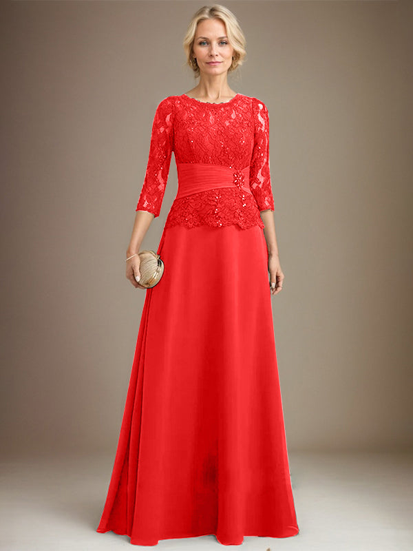 Vestido de gasa con encaje y escote en A, ilusión, largo hasta el suelo, para madre de la novia, con lentejuelas plisadas y abalorios 