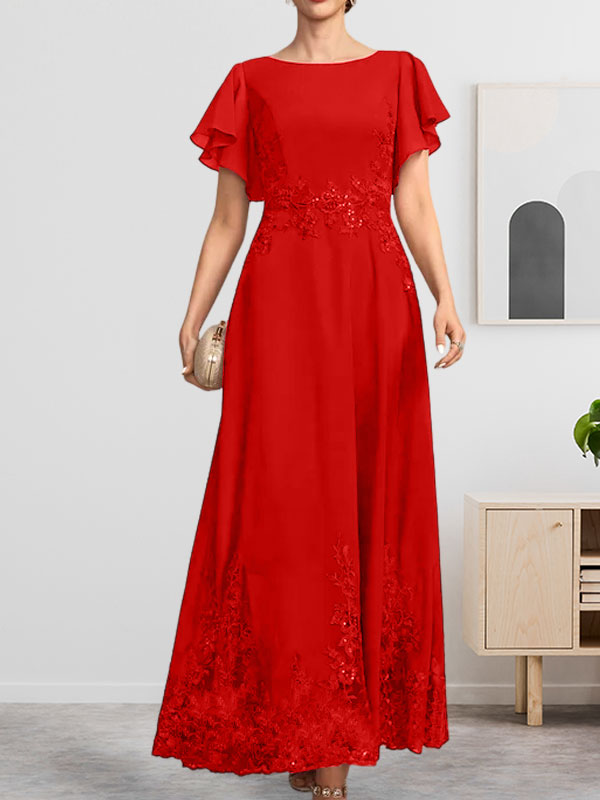 A-Linien-Kleid mit Rundhalsausschnitt, knöchellang, aus Spitze und Chiffon, mit Pailletten besetzt