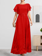 A-Linien-Kleid mit Rundhalsausschnitt, knöchellang, aus Spitze und Chiffon, mit Pailletten besetzt