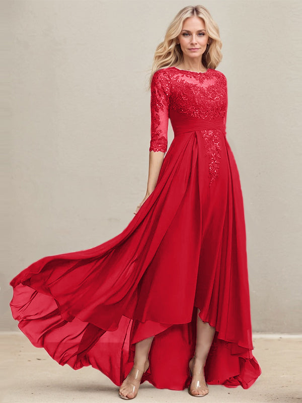 A-Linien-Kleid mit asymmetrischem Ausschnitt, Illusion-Effekt, Spitze und Chiffon, verziert mit plissierten Pailletten, ideal für die Mutter der Braut 