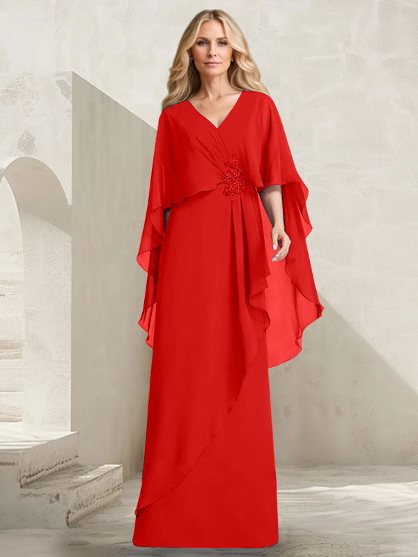 A-Linien-Kleid aus Chiffon mit V-Ausschnitt, bodenlang, mit Kaskadenrüschen und Perlenstickerei für die Mutter der Braut. 