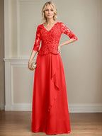 A-Linien-Kleid aus Chiffon mit V-Ausschnitt, bodenlang, mit Spitze, Kaskadenrüschen und Pailletten für die Mutter der Braut 