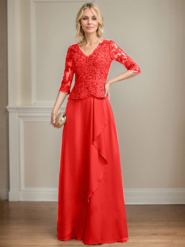 Vestido de gasa con encaje y escote en V hasta el suelo para madre de la novia con volantes en cascada y lentejuelas 
