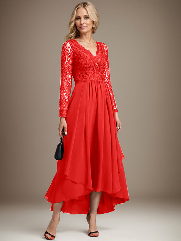 A-Linien-Kleid aus Chiffon mit V-Ausschnitt und asymmetrischer Spitze für die Mutter der Braut