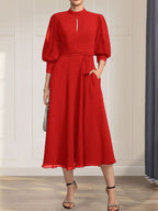 A-Linien-Kleid aus Chiffon mit hohem Kragen, Teelänge und Spitze für die Mutter der Braut, verziert mit einer Schleife