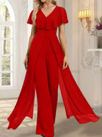 Jumpsuit/Hosenanzug, bodenlanges Chiffon-Abendkleid mit V-Ausschnitt