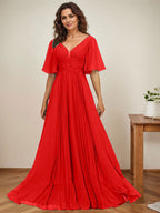 A-Linien-Kleid aus Chiffon mit V-Ausschnitt, bodenlang, mit Paillettenapplikationen, Spitze und Falten für die Mutter der Braut 