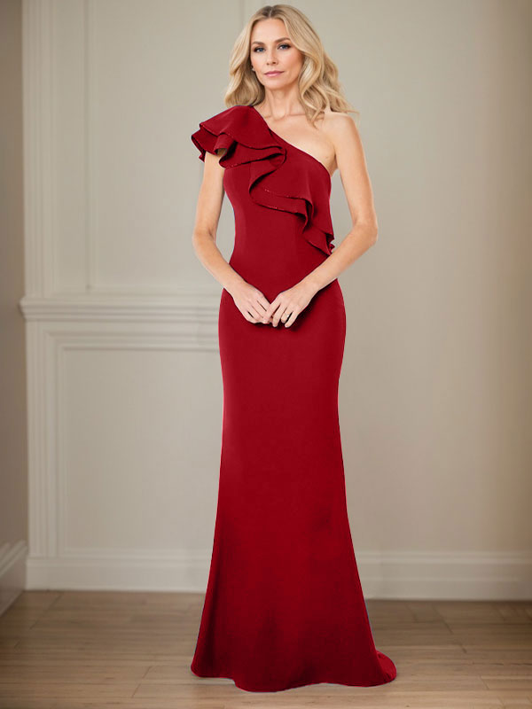 Vestido de gasa para madre de la novia, corte A, un hombro, largo hasta el suelo, con volantes 