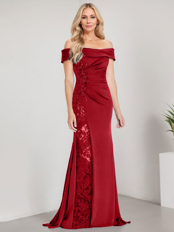 Vestido de sirena con escote en A, hombros descubiertos y largo hasta el suelo para madre de la novia, apliques y cuentas, con abertura alta 