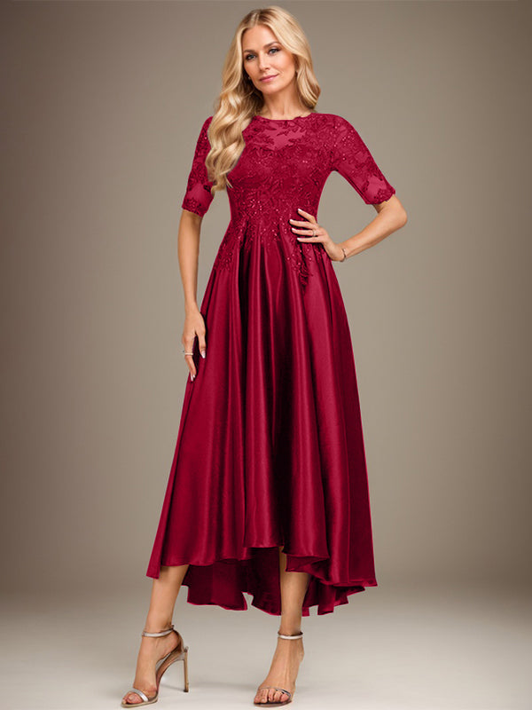 Vestido de madre de la novia de encaje satinado elástico asimétrico con ilusión de escote en A y lentejuelas 