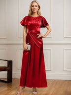 A-Linien-Kleid aus Stretch-Satin mit Rundhalsausschnitt und knöchellanger Verarbeitung für die Mutter der Braut, verziert mit plissierten Perlen. 