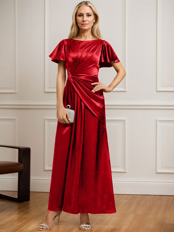 Vestido de madre de la novia de satén elástico con escote redondo y largo hasta los tobillos, corte en A y cuentas plisadas 