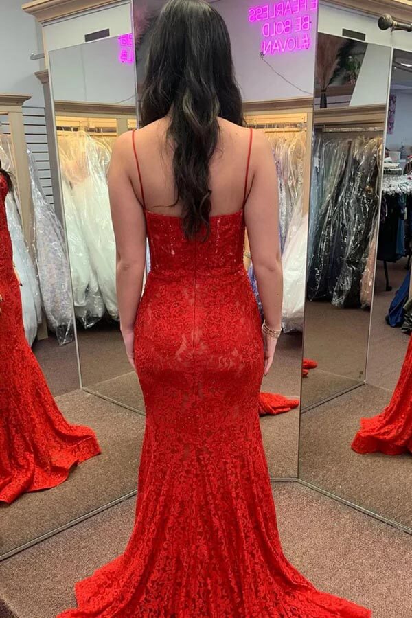 Vestidos de Noche Largos con Tirantes Delgados, Escote Corazón y Cola de Sirena de Encaje