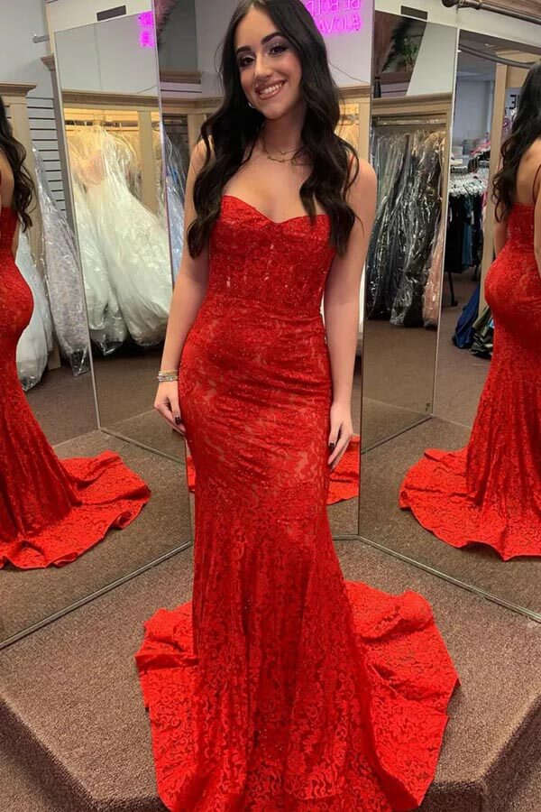 Vestidos de Noche Largos con Tirantes Delgados, Escote Corazón y Cola de Sirena de Encaje