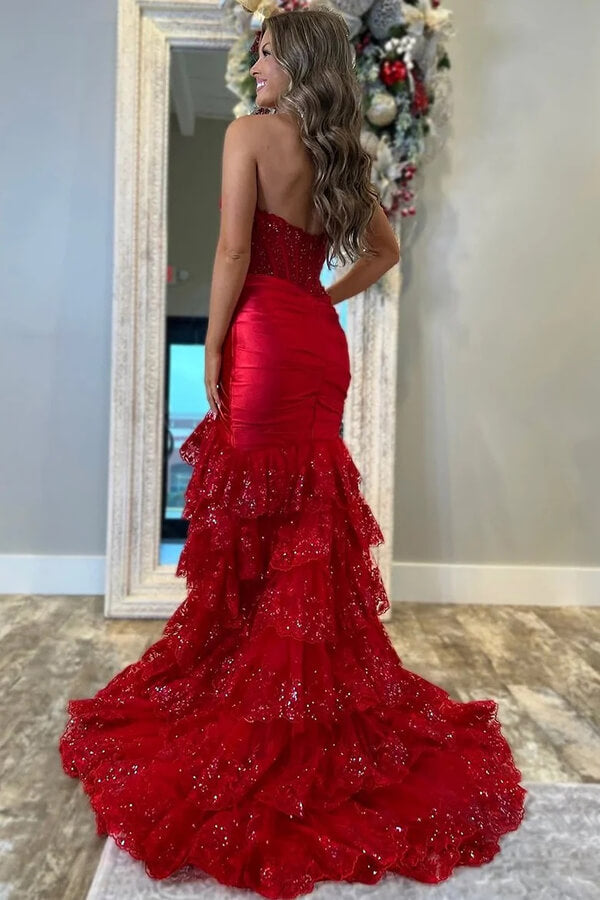 Mermaid Strapless Pleated Layered Prom Dresses With Appliques