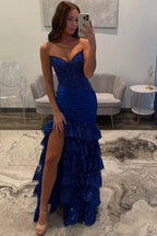 Mermaid Strapless Pleated Layered Prom Dresses With Appliques