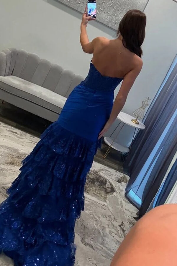 Mermaid Strapless Pleated Layered Prom Dresses With Appliques