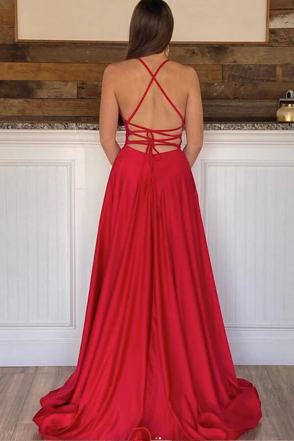 Vestidos de gala largos de satén con escote en V y corte en A con abertura, vestidos de noche