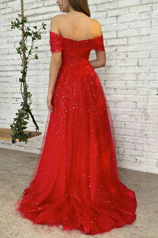 Vestidos de fiesta largos de tul con hombros descubiertos, vestidos de noche de corte A