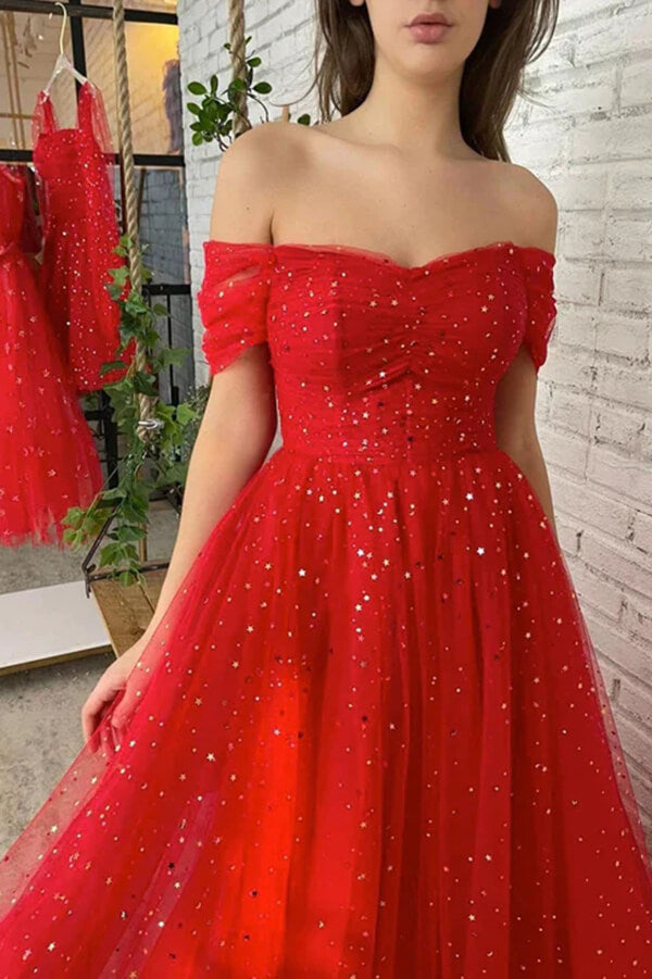 Vestidos de fiesta largos de tul con hombros descubiertos, vestidos de noche de corte A
