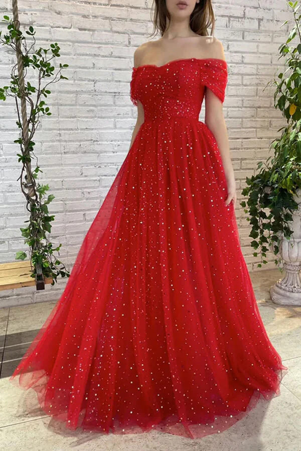 Vestidos de fiesta largos de tul con hombros descubiertos, vestidos de noche de corte A